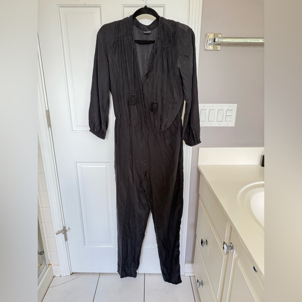 Club Monaco Silk Black Long-Sleeve Jumpsuit Tassel Button Front Pockets